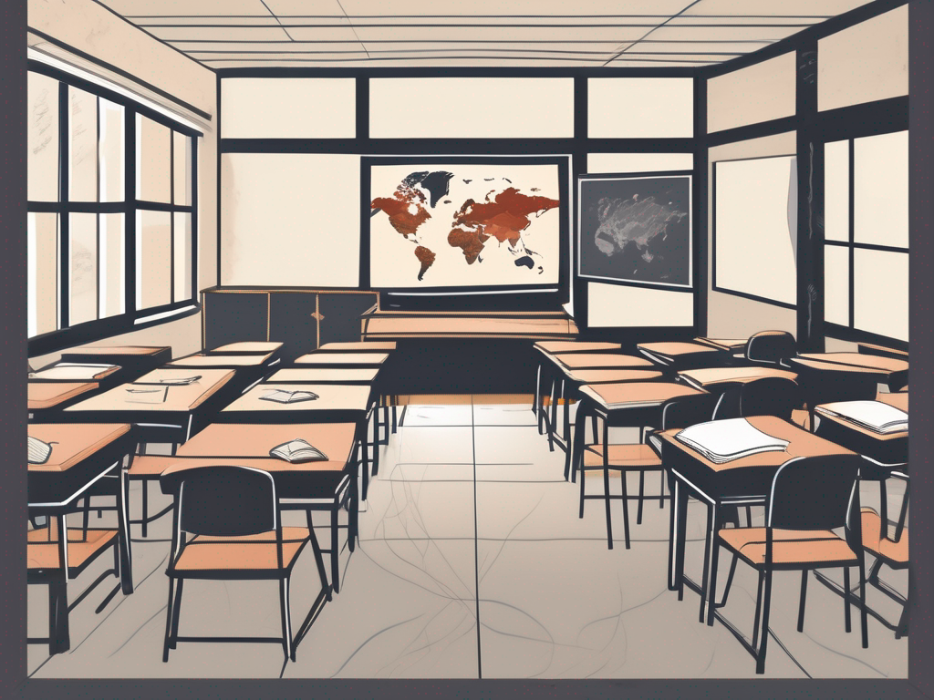 A classroom setting with a mix of chinese cultural elements and international teaching tools