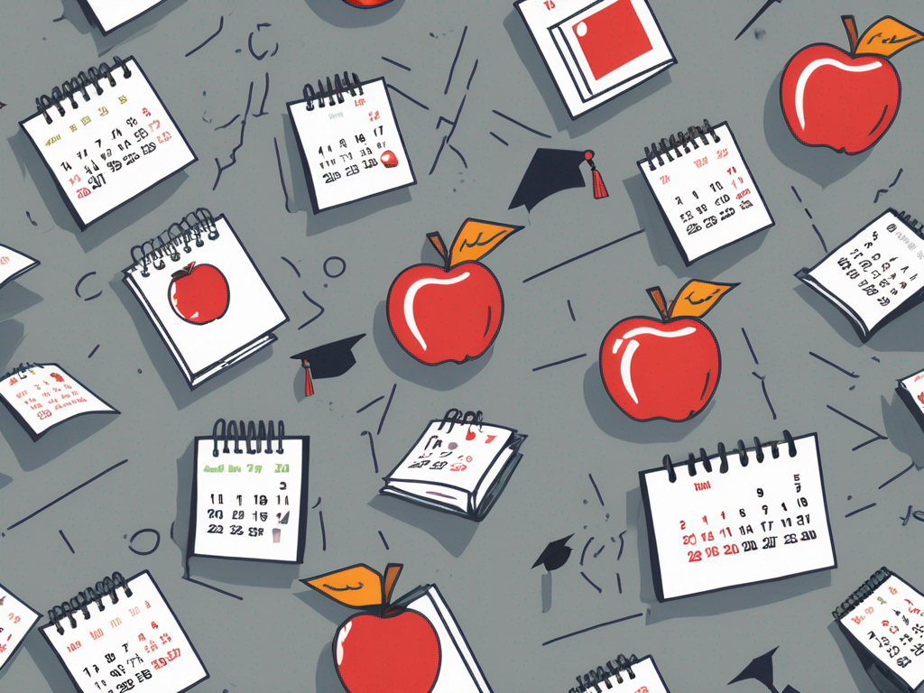 A calendar with various educational symbols like books