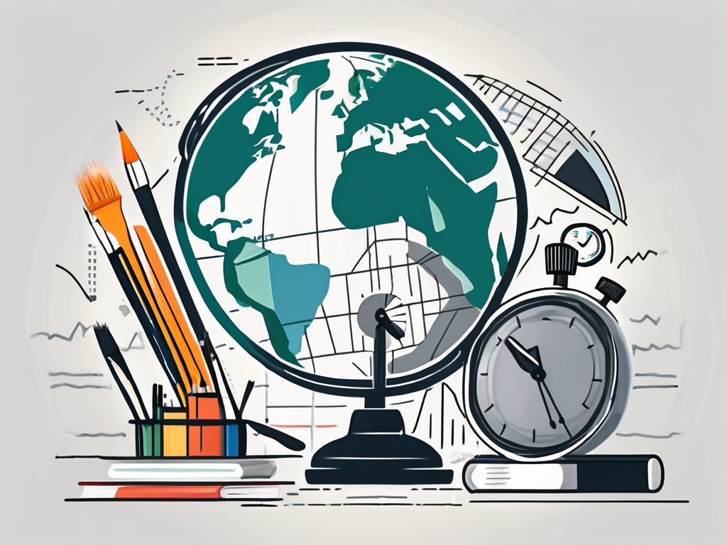 A globe surrounded by various educational tools such as a paintbrush