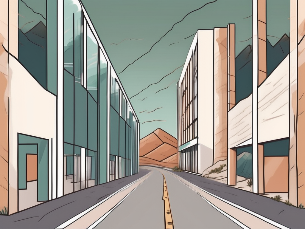 A school building on one side