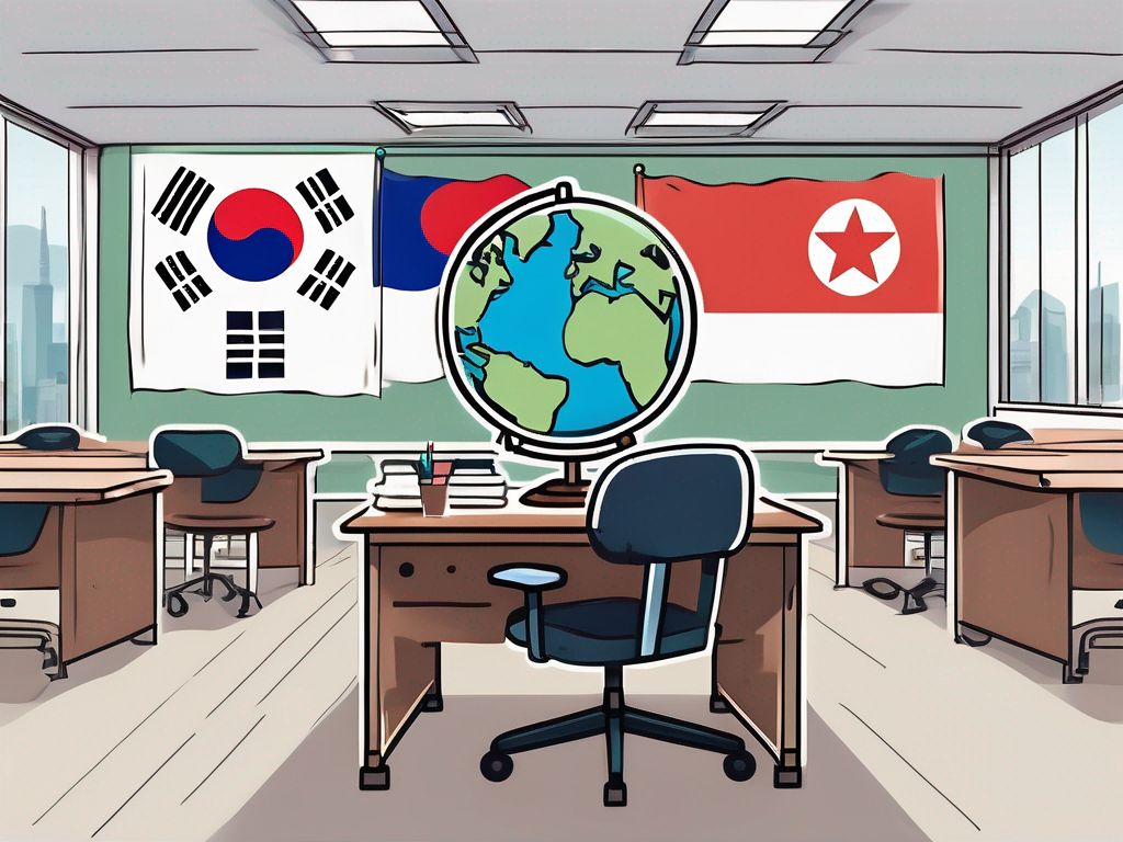 A classroom setting with an empty teacher's desk