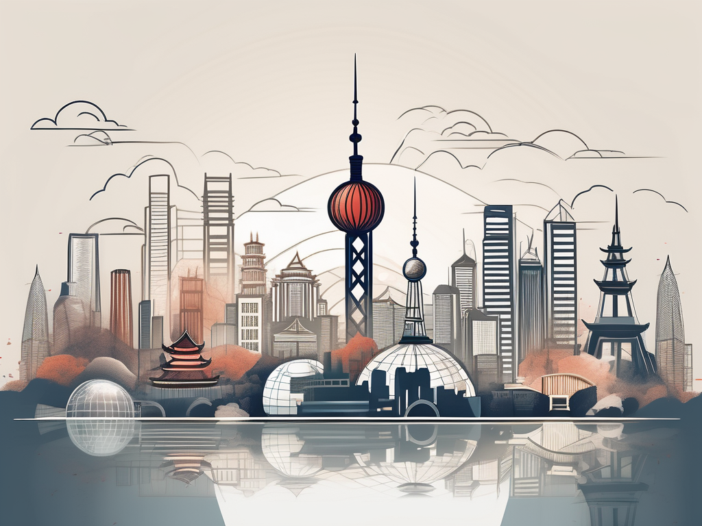 A chinese city skyline with iconic landmarks