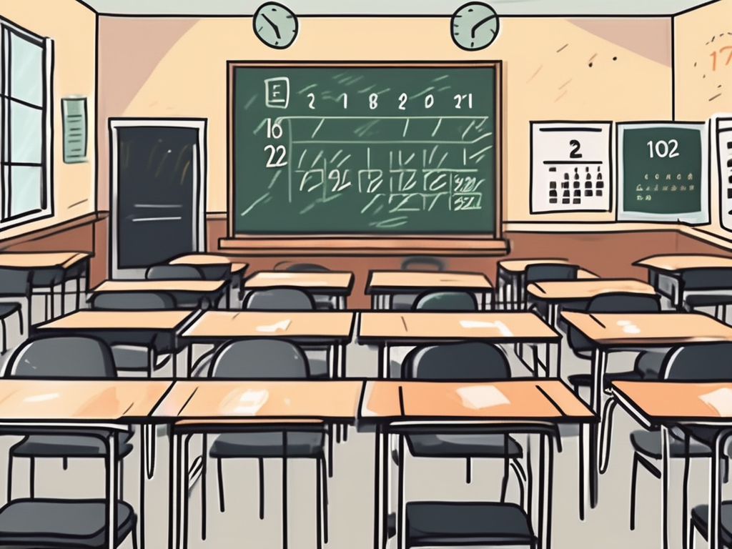 A classroom with empty desks and chairs