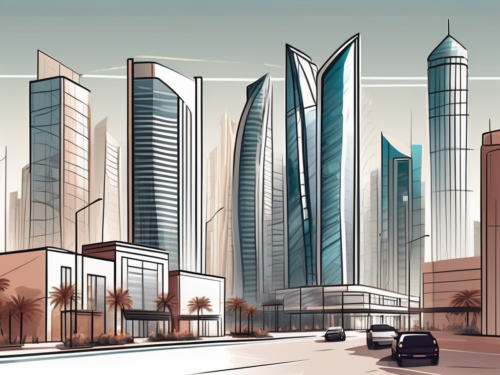 A qatari cityscape with highlighted elements like modern office buildings