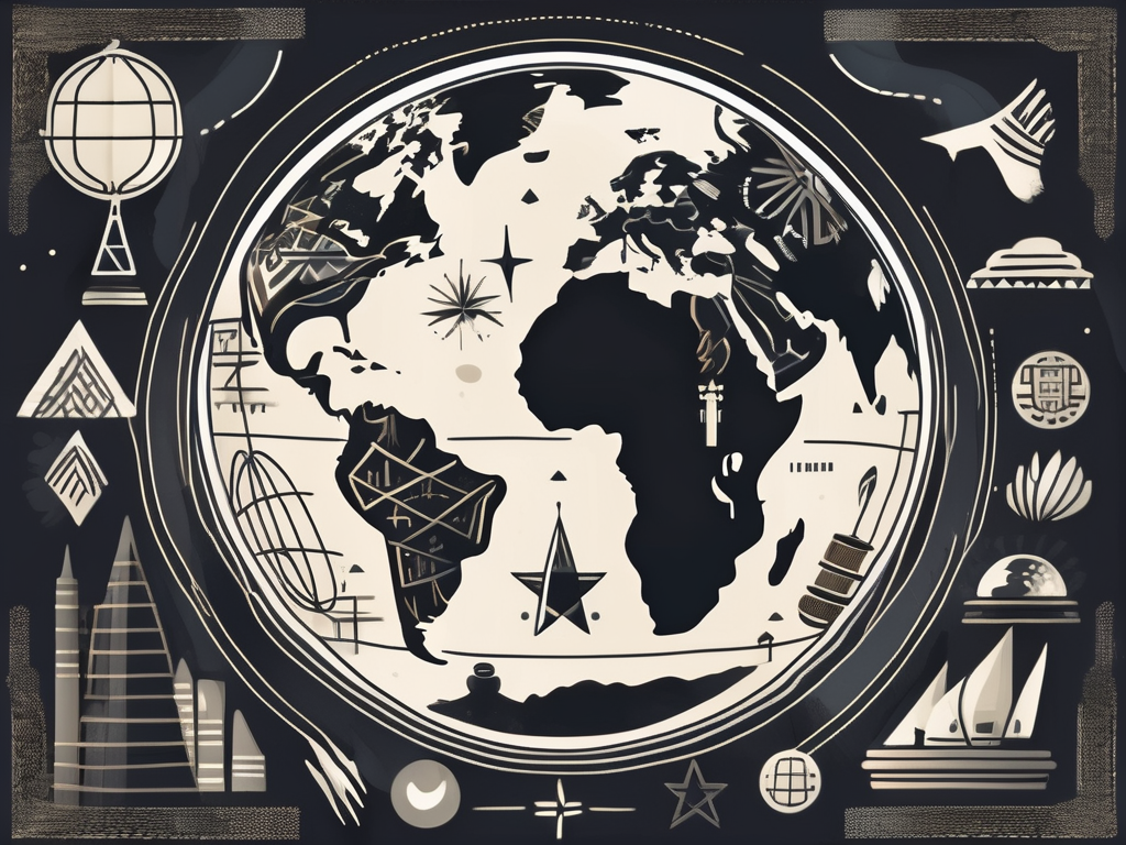 A globe surrounded by various cultural symbols
