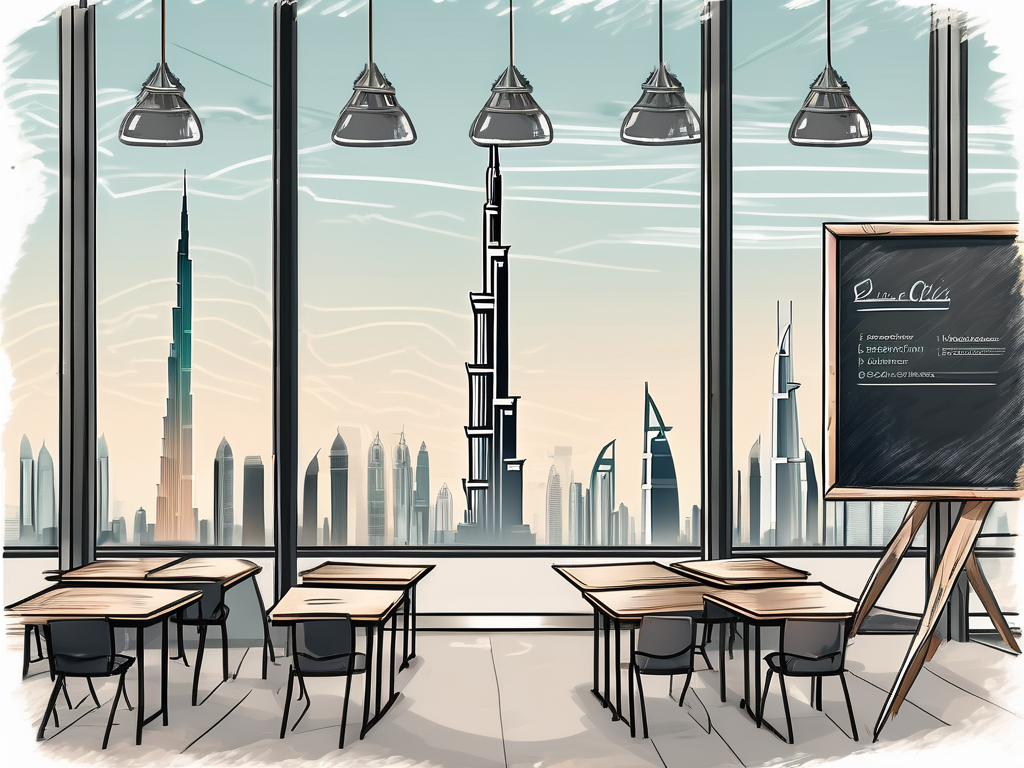 A classroom setting with a view of iconic dubai landmarks in the background
