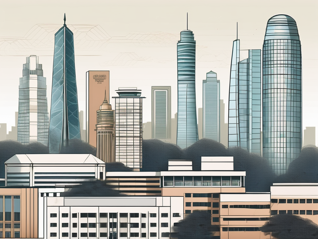 Five distinct school buildings representing different architectural styles from around the world