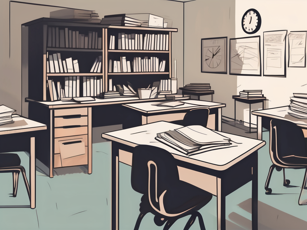 A dimly lit classroom with an empty teacher's desk