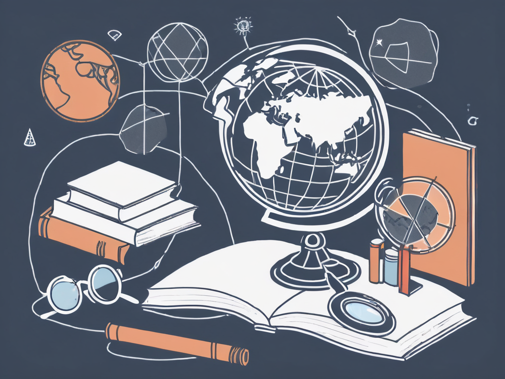 A globe with various educational symbols like books