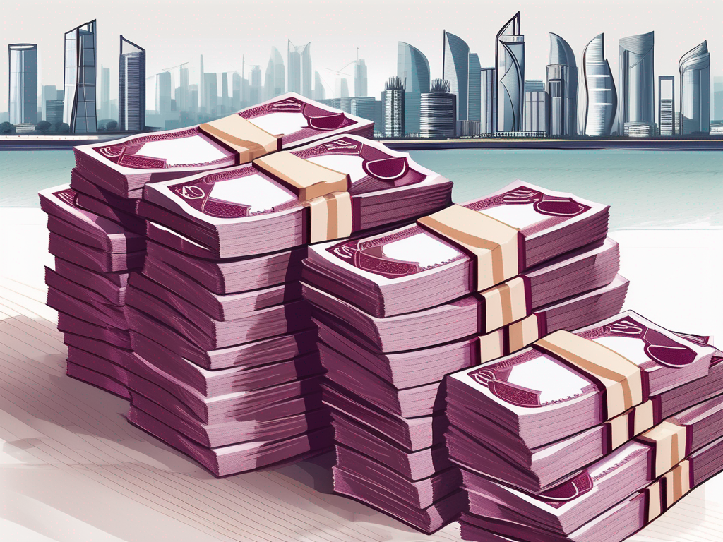 A stack of qatari riyals (currency) against the backdrop of a qatari cityscape
