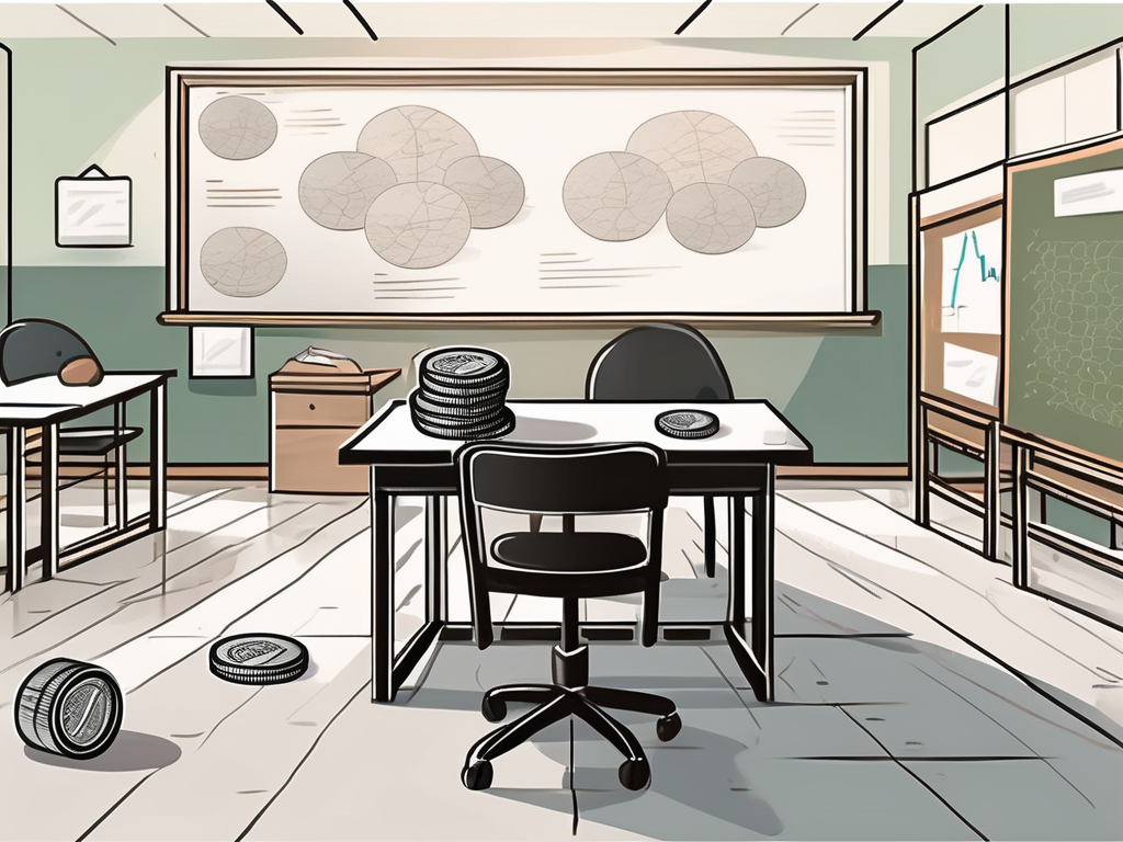 A classroom setting with an empty teacher's desk