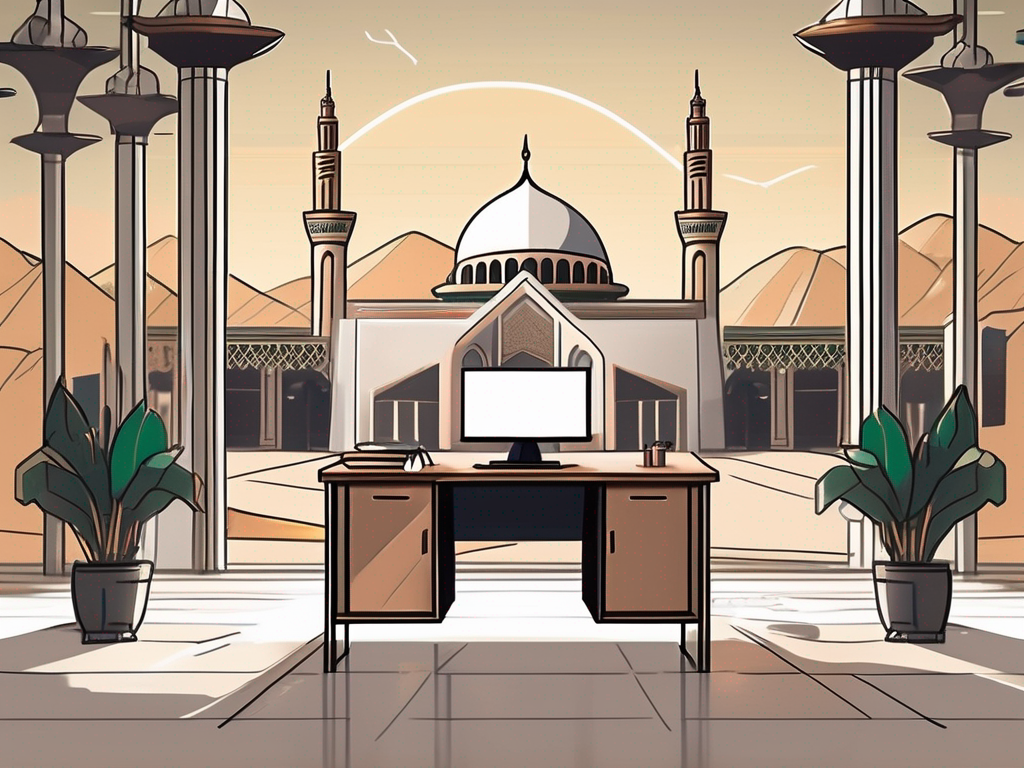 A classroom setting with a teacher's desk