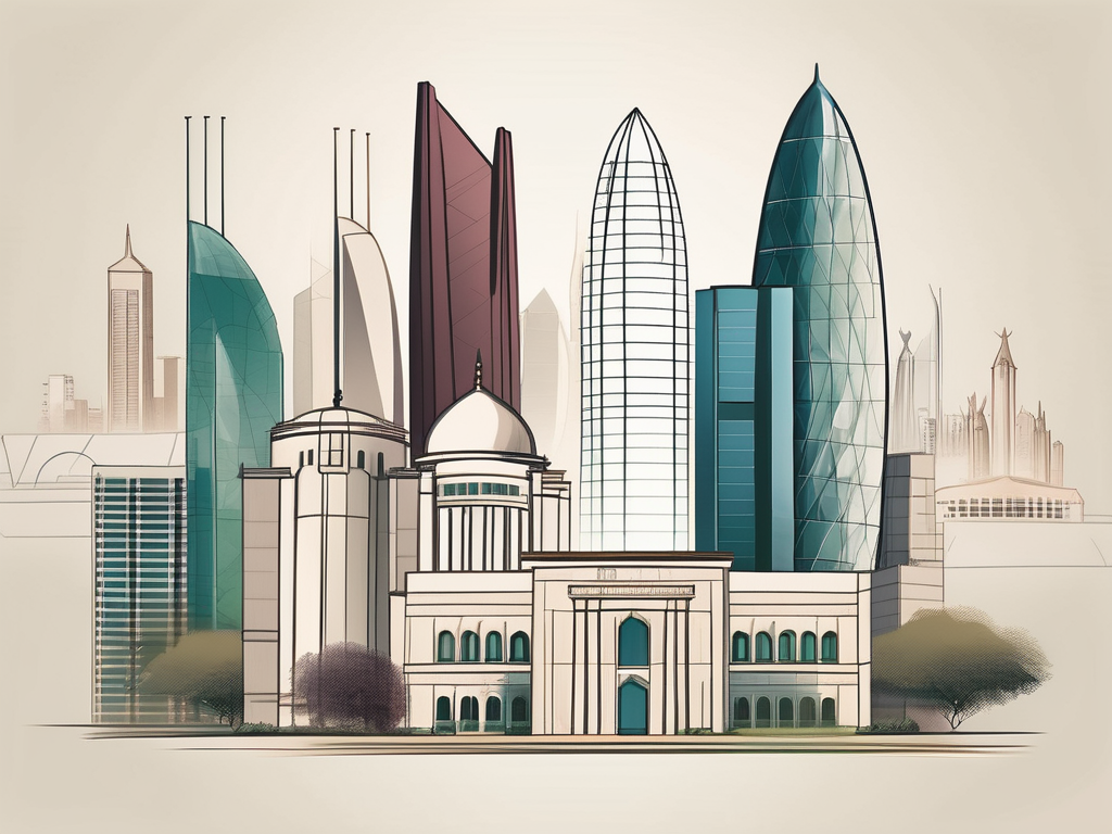 Five different school buildings representing various architectural styles from around the world