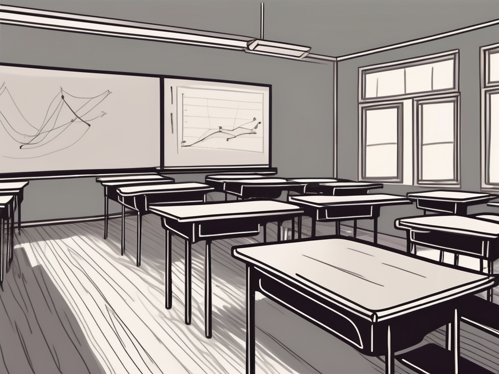 A classroom with empty desks and a blackboard
