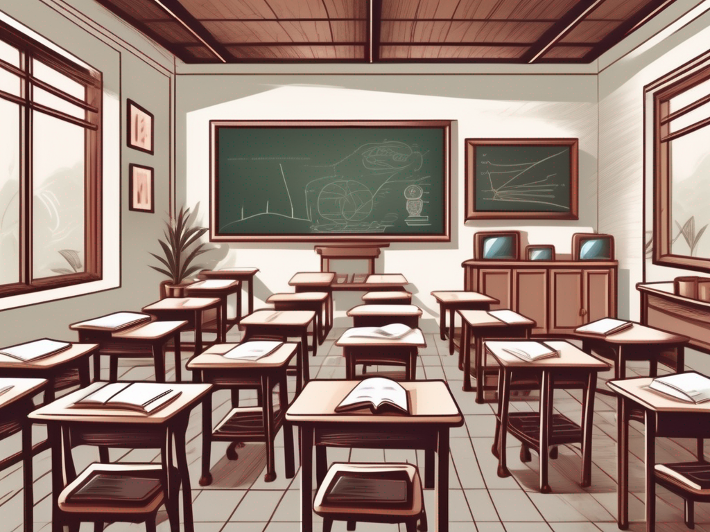 A traditional vietnamese classroom setting with various teaching tools like a chalkboard