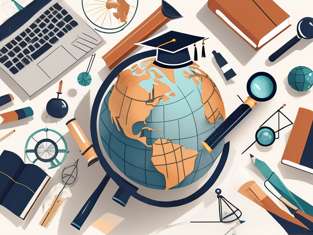 A globe surrounded by various educational tools like books