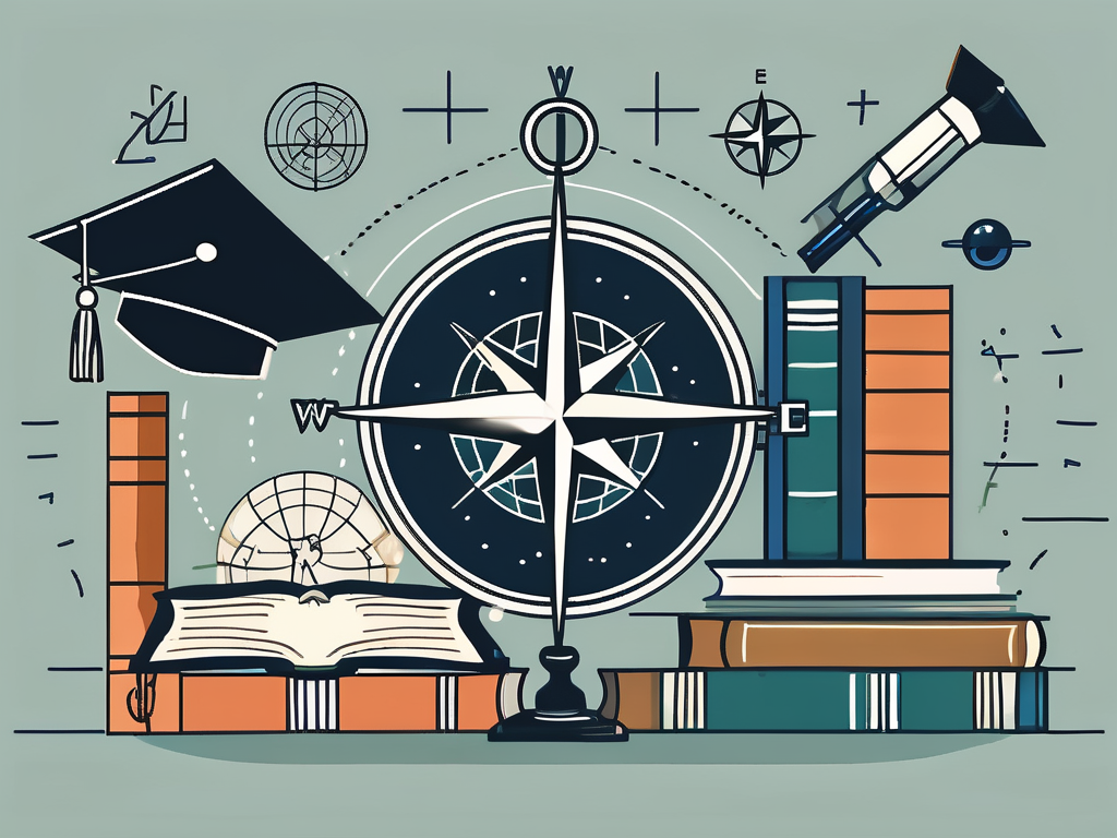 A compass surrounded by various academic symbols such as books
