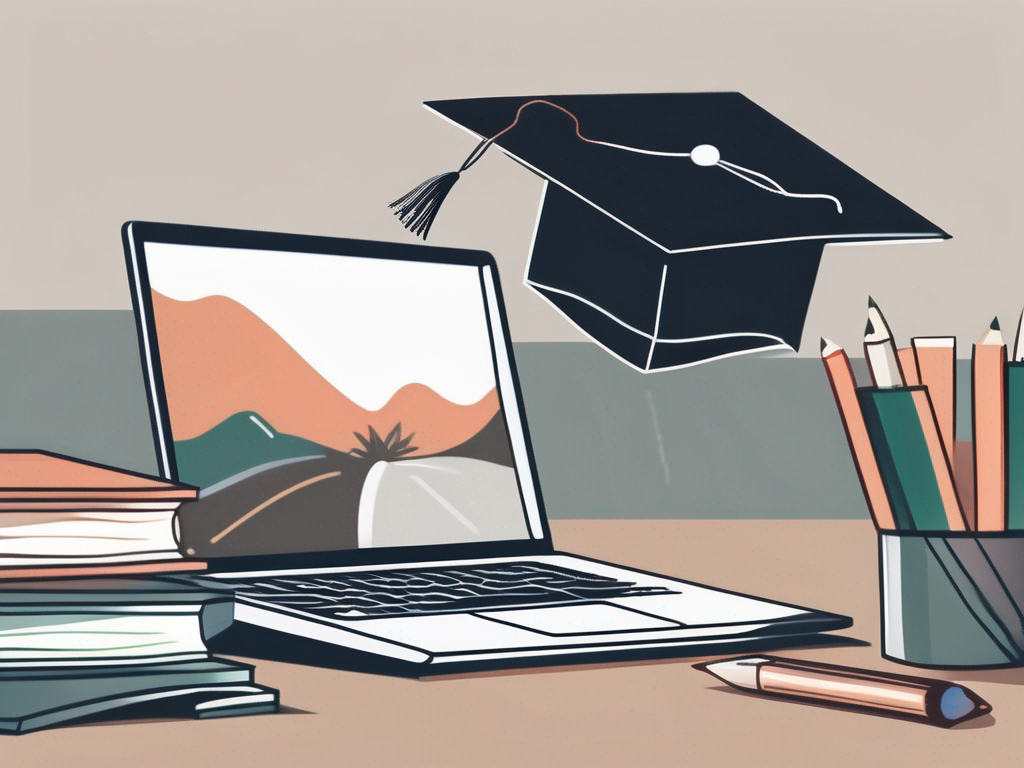 A laptop with a graduation cap on it