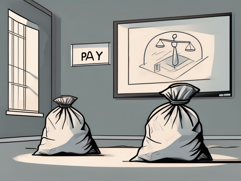 A heavy sack labeled 'workload' and a lighter sack labeled 'pay' on a balanced scale