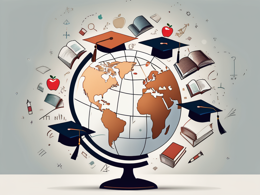 A globe with various educational symbols like books