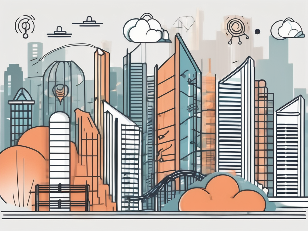 A symbolic ladder leaning against a stylized skyline of singapore