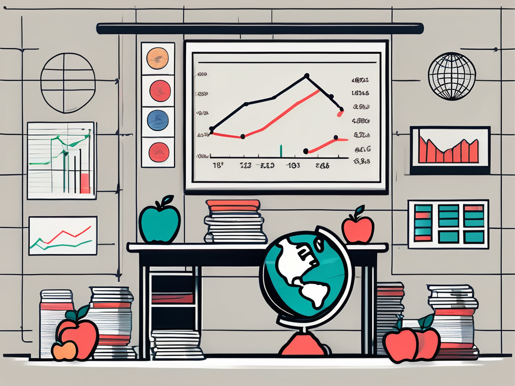 A classroom setting with a chalkboard displaying graphs and charts