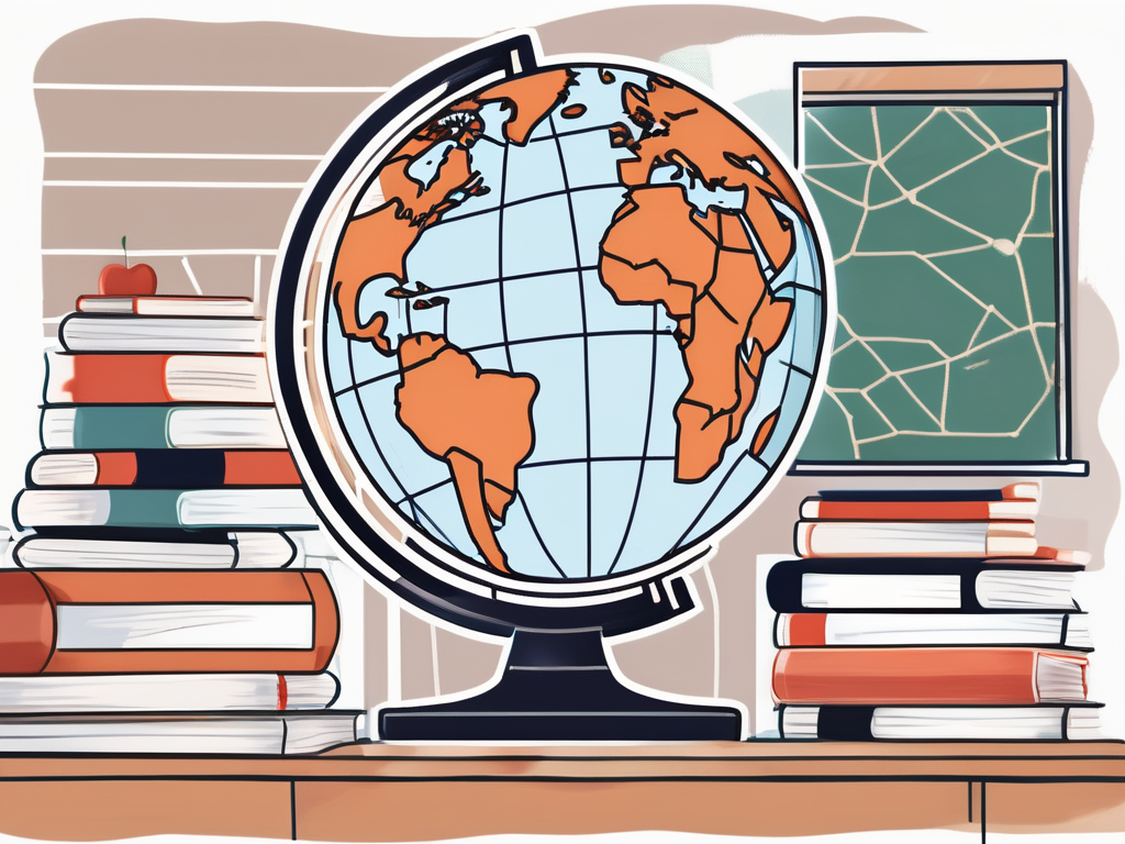 A globe with various countries highlighted and a stack of books and a teacher's cap placed on the country with the highest demand for ipgce teachers