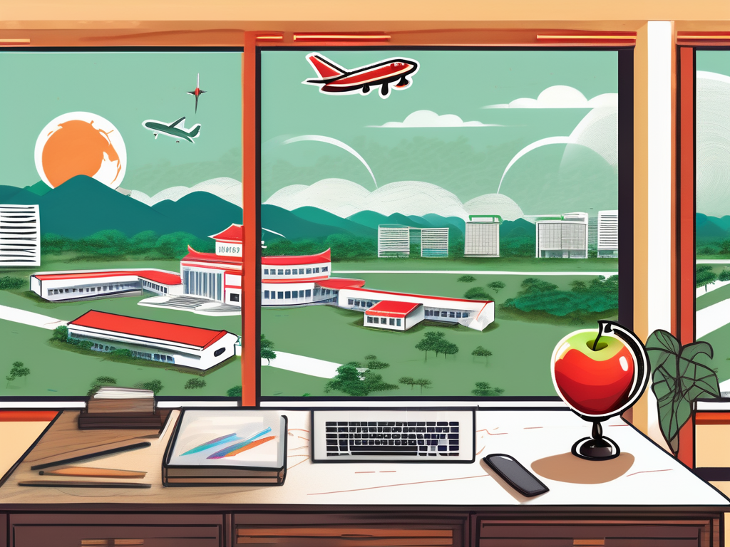 A vibrant vietnamese landscape with a school building in the foreground and iconic landmarks in the background