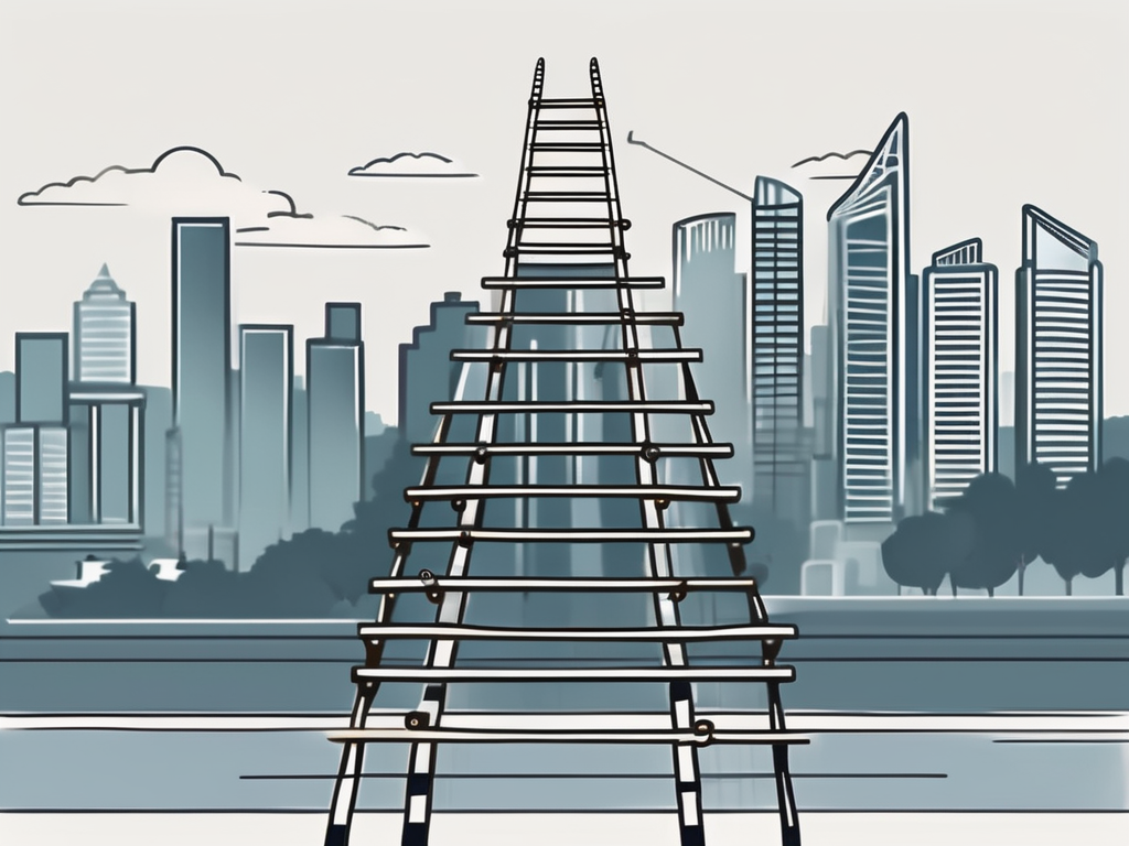 A ladder ascending towards a skyline of singapore
