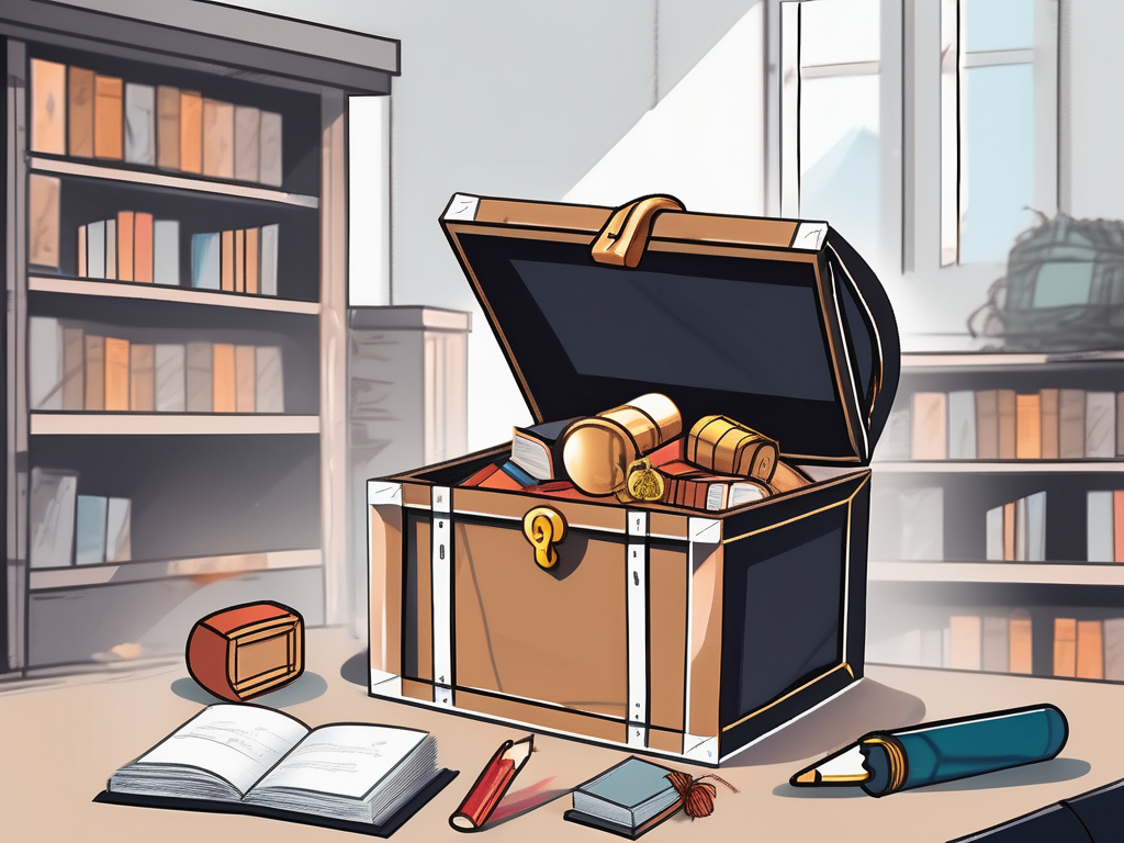 A classroom setting in malaysia with a key unlocking a treasure chest full of educational tools like books