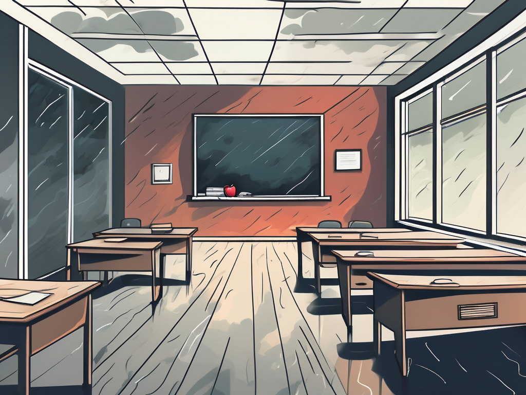 A classroom desk abandoned with an apple and a nameplate