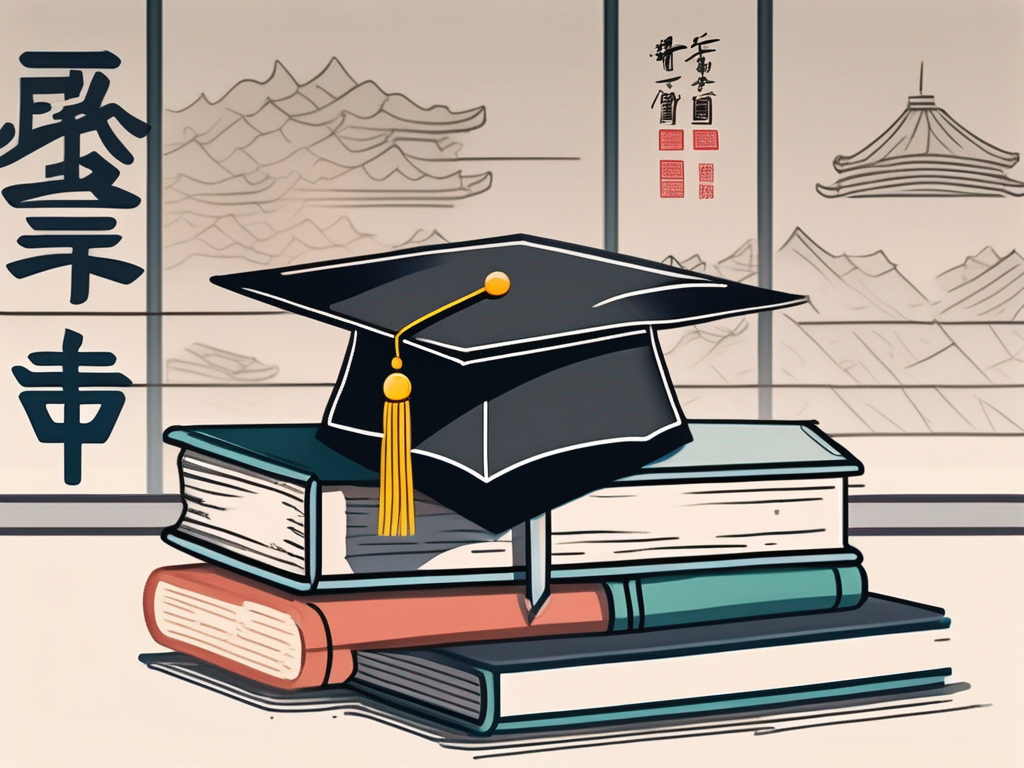 A classroom setting in china with different language symbols like english and chinese characters on books and chalkboard