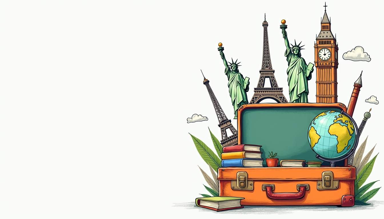 An open suitcase filled with various educational tools and symbols