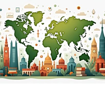 An imaginative global classroom setting featuring diverse educational tools