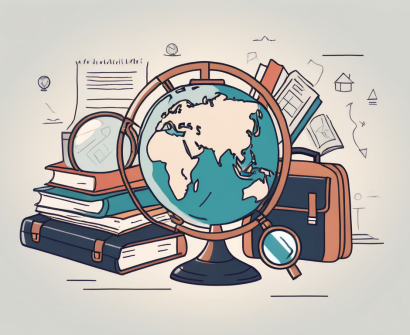 A globe surrounded by various educational symbols like books