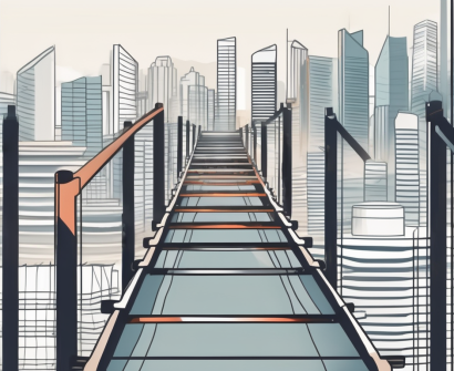 A ladder ascending towards the singapore skyline