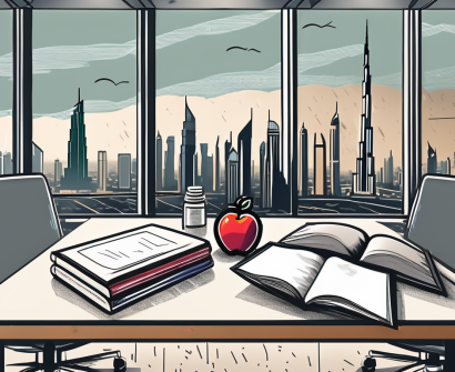 A classroom setting in dubai with scattered teaching materials like textbooks