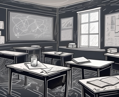 A dimly lit classroom with scattered papers