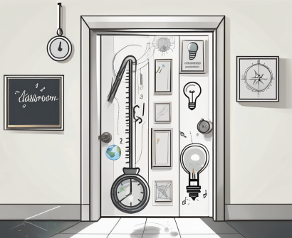 A classroom door slightly ajar with a key in the keyhole