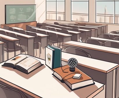 A classroom setting in dubai showcasing diverse language teaching materials like books and audio devices