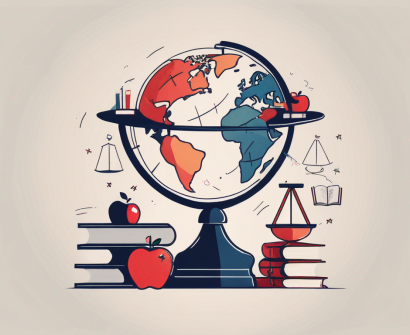 A globe with various school-related symbols (like books