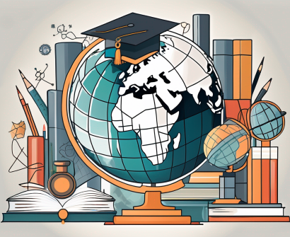 A globe surrounded by various symbols of education such as a graduation cap