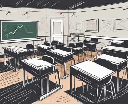 A classroom setting with empty desks