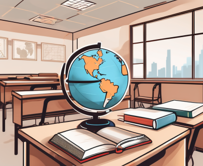 A classroom setting in china with various bilingual education tools like textbooks