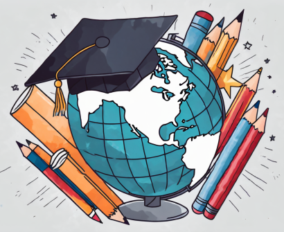A globe with symbolic representations of different teaching tools such as books