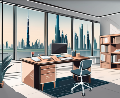 A classroom interior with a view of the dubai skyline in the background