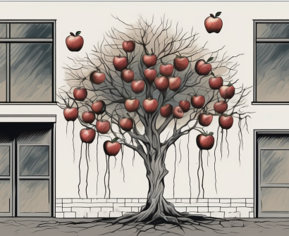 A withered apple tree with only three apples remaining