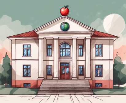 A traditional belarusian school building with a globe and a teacher's apple on the front steps