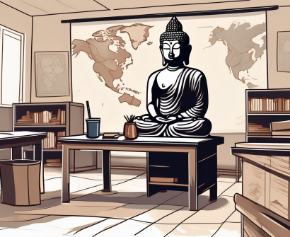 A classroom scene with a global map