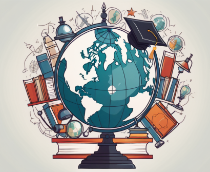 A globe surrounded by various educational symbols like books